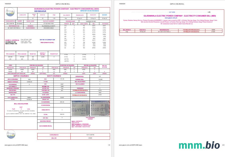 Pakistan Gujanwala electric Power company electricity rachunek za usługi komunalne formaty Word i PDF, 2 strony